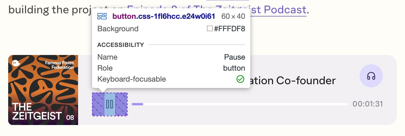 Google's accessibility checker validating the pause button